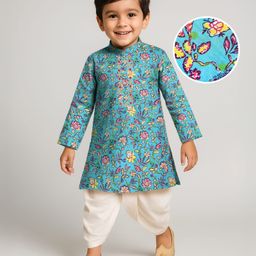 Babyhug Cotton Woven Foil Printed Full SleevesDhoti Kurta Set - Teal Blue-image-58