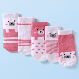 Cute Walk by Babyhug Knit Ankle Length Antibacterial Socks with Bear Design Pack of 5 - White & Pink-image-33