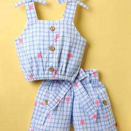 Dew Drops Poplin Woven Sleeveless Checks Top & Skirt Co-Ord Set With Floral Embroidery - Pink-image-82