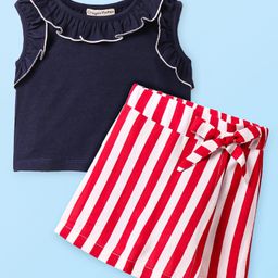 CrayonFlakes Sleeveless Solid Crop Top & Striped Flapped Skort Set - Navy-image-84
