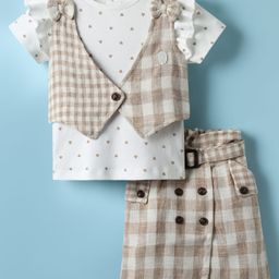 ToffyHouse Knitted Half Sleeves Checkered Top and Skirt Set With Belt & Waistcoat - Beige & White-image-36