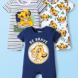 Babyhug 100% Cotton Knit Half Sleeves Romper With Simba Graphic Pack Of 3 - Navy Blue & White-image-9