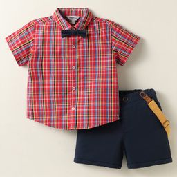 ToffyHouse Cotton Woven Half Sleeves Shirt & Shorts With Bow & Suspender with Checks - Red & Navy Blue-image-78