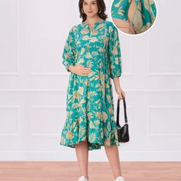 Bella Mama Woven Three Fourth Sleeves Maternity Dress With Floral Print and Pockets - Teal Blue-image-55