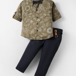 Rikidoos Full Sleeves Sea Life Theme Printed Shirt With Pant Suspender & Bow Set - Olive & Black-image-85