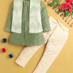 Jeet Ethnics Cotton Blend Full Sleeves Solid Kurta Pyjama With Geometric Embroidered Sequins Embellished Jacket Set - Green-image-55