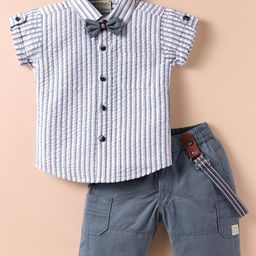 Dapper Dudes Half Sleeves Striped Shirt & Shorts With Bow & Suspender Set - Grey-image-20