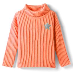Babyhug Knitted Full Drop Shoulder Sleeves Skivi Sweater With Star Patch - Orange-image-89