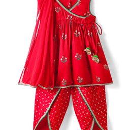 EARTHY TOUCH Cotton Woven Sleeveless Floral Printed Kurta & Salwar Set With Dupatta - Red-image-40