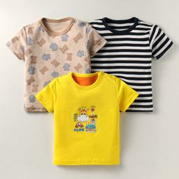 Kidi Wav Cotton Pack Of 3 Half Sleeves Baby Elephants Printed & Striped Tees - Multi Colour-image-59