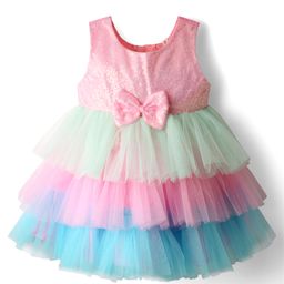 Babyhug Woven Sleeveless Mesh Layered Party Dress with Bow Applique & Sequin Detailing - Multicolor-picture-18