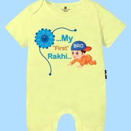 The Peppy Tend 100% Cotton Knit Rakshabandhan Theme Half Sleeves My First Rakhi Text Printed Romper - Yellow-image-92