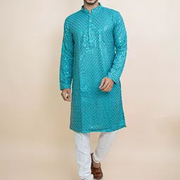 KUNDALI KAKSHAY Geometric Embroidered Sequinned Mandarin Collar Straight Kurta-image-63