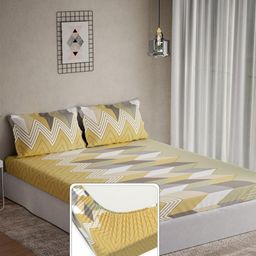 DDecor Omega Yellow & Grey Printed Cotton 144 TC King Bedsheet Set 1.82 m x 1.98 m-picture-3