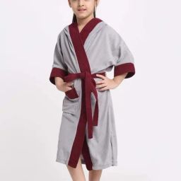Creeva Melodious Grey & Wine Micro Terry 225 GSM Kids Hooded Bathrobe 6-7 Years With Pocket-87