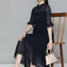 Chemistry Bell Sleeves High Neck Chiffon Fit & Flare Midi Dress-image-99