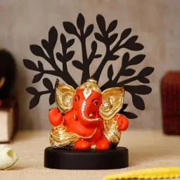 Gold Plated Orange Kaan Ganesha Showpiece with Wooden Tree for Home/Temple/Office/Car Dashboard-image-57