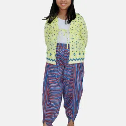 Kiddopanti Kids Yellow & Blue Printed Full Sleeves Shrug with Harem Pants-image-41