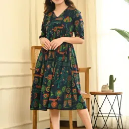 Rustorange Blue Printed A-Line Dress-image-84