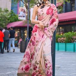 Satrani Cream Printed Saree With Unstitched Blouse-image-39