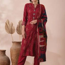 Fashor Maroon Regular Fit Printed Kurta Pant With Dupatta-image-2