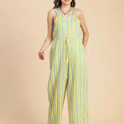 Moomaya Yellow & Blue Cotton Blend Striped Jumpsuit-image-75
