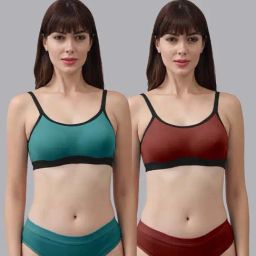 AROUSY Green & Maroon Cotton Bra Panty Set - Pack Of 2-image-54