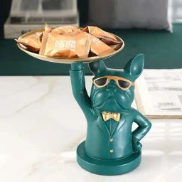 Smokey Cocktail Green Resin Cute Bulldog Statue With Tray-image-32