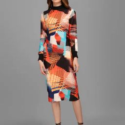 PURVAJA Orange Knitted Printed Bodycon Dress-image-98