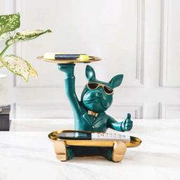 Smokey Cocktail Green Resin French Bulldog With Double Tray Sculpture-image-49