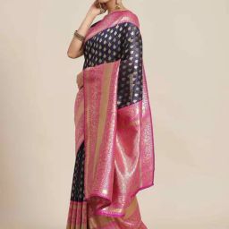 Silk Land Navy Silk Woven Saree With Unstitched Blouse-image-50