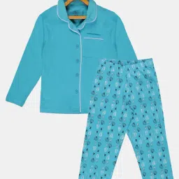 Kiddopanti Kids Aqua Blue Printed Full Sleeves Shirt with Pyjamas-image-51