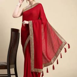 Mohey Red Silk Embroidered Saree With Unstitched Blouse-image-7