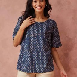 Fabindia Blue Cotton Printed Top-image-102