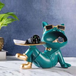 Smokey Cocktail Green Resin French Bulldog With Tray Sculpture-image-63