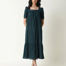 RAREISM Green Cotton Solid A-Line Dress-picture-9