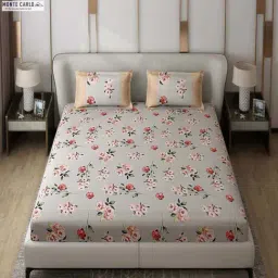Monte Carlo Vibrant Grey & Red Polyester 130 TC Queen Bedsheet with 2 Pillow Covers-image-89