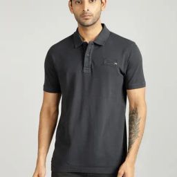 Royal Enfield Grey Cotton Blend Regular fit Solid Polo T-Shirt-image-75