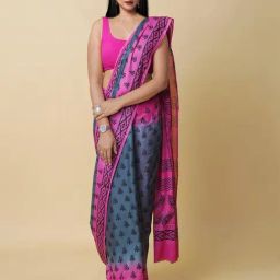 Unnati Silks Grey & Pink Cotton Printed Saree With Unstitched Blouse-27