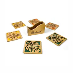 PRAKARTIK 6-Pcs Green & Orange Wooden Coasters With Holder-image-11