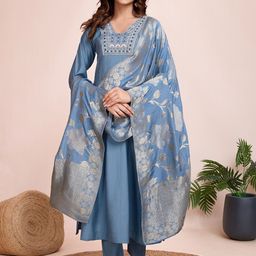 FILIB LONDON Floral Yoke Design Square Neck Straight Kurta & Trousers With Dupatta-picture-28