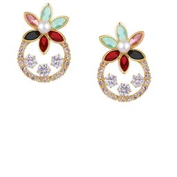 Bohey by KARATCART Gold-Plated American Diamond Studded & Pearls Beaded Floral Shape Studs-picture-0