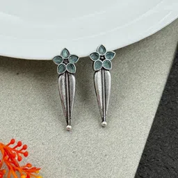 NAMAN ARTS Silver-Plated Artificial Stones Studded Floral Shaped Oxidised Drop Earrings-image-27