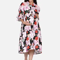 The Kaftan Company Women Maternity Floral Printed Shirt Collar Fit & Flare Midi Dress-image-37