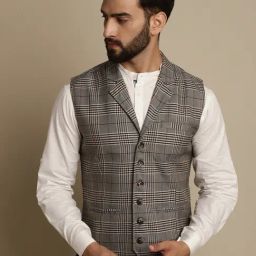 Even Light Brown Regular Fit Notch Lapel Check Waistcoat-image-78