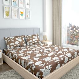 VOMZER Brown Floral 300 TC Queen Bedsheet with 2 Pillow Covers-image-93