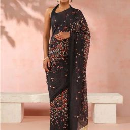 Taneira Black Cotton Silk Printed Saree With Unstitched Blouse-picture-14