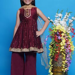 Little Bansi Girls Self Design Sequinned Cotton Silk A-Line Kurta with Palazzo & Dupatta-picture-56