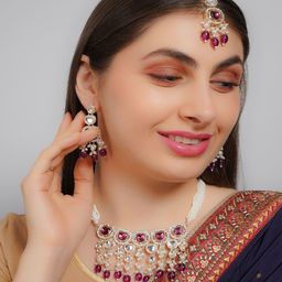 Divisha Gold-Plated Stone-Studded & Beaded Jewellery Set-image-59
