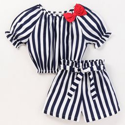 CrayonFlakes Off Shoulder Puffed Sleeves Striped Bow Applique Top & Shorts - Navy Blue-image-70